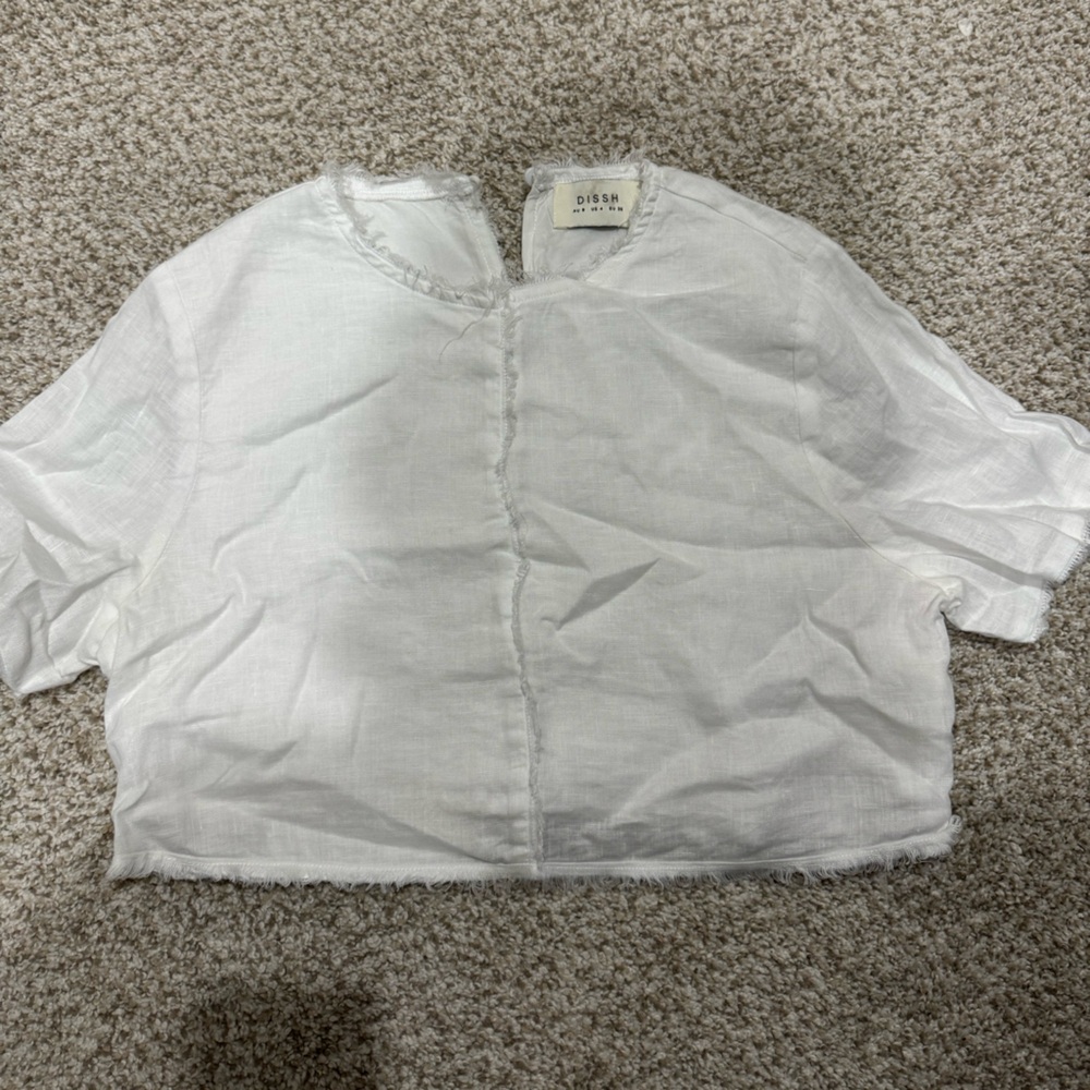 DISSH cropped linen top with fringed hemming